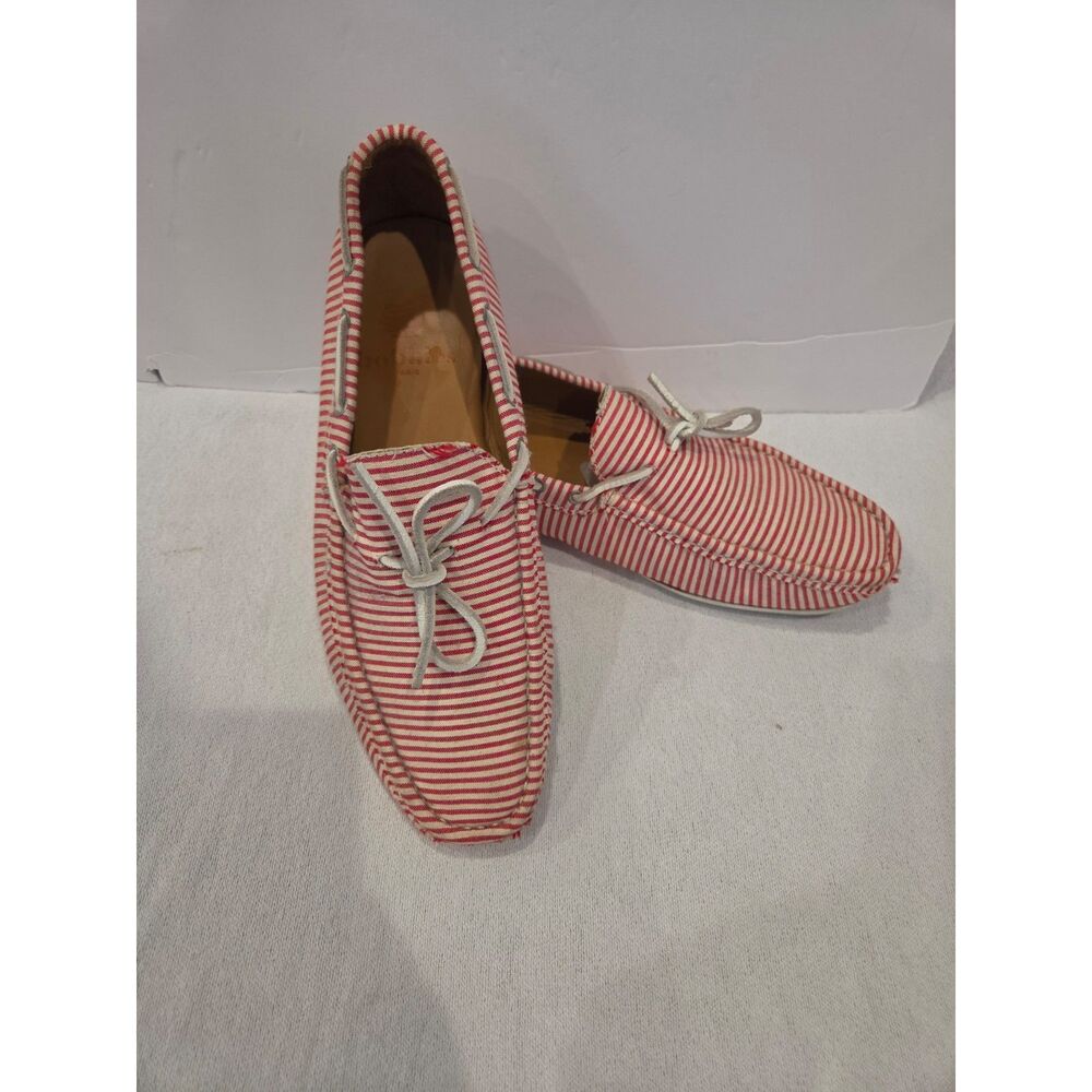Bobbies Paris Men Striped Driving Loafers Canvas Boat Shoes Red White Tie Moc 10